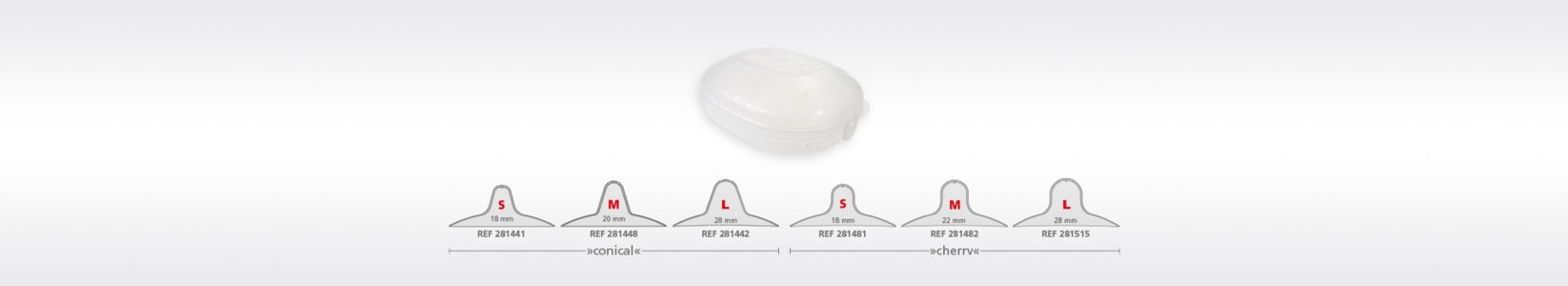 Illustration des mamivac® protège-mamelons, avec 2 formes différentes : cerise et conique et 3 tailles chacune (S, M, L)