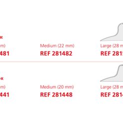 IIlustration of Nipple Shields sizes: Small D = 18 mm (cherry REF 281481, conical REF 281441), Medium D = 22 mm (cherry REF 281482, conical REF 281448), Large D = 28 (cherry REF 281515, conical 281442)