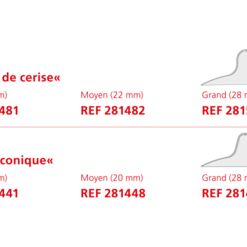 Dessin de protège-mamelons : Petit D = 18 mm (cerise REF 281481, conique REF 281441), Moyen D = 22 mm (cerise REF 281482, conique REF 281448), Grand D = 28 (cerise REF 281515, conique 281442)