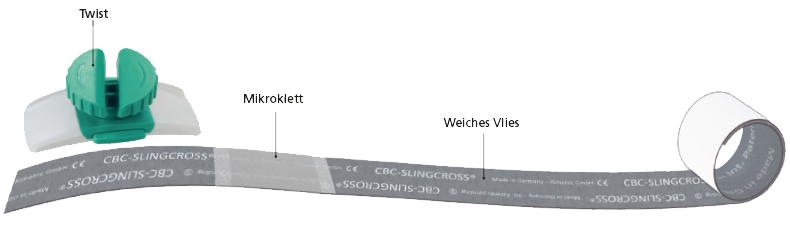 Materialbeschreibung Einweg-Venenstauer CBC Slingcross aufs weichen Flies mit Mikroklette und Twist mit Drehknopf